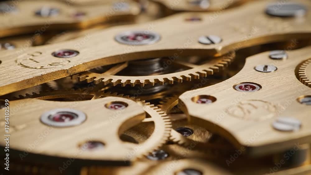 Intricate golden mechanical movement gears and components precision engineering clockwork mechanism detail