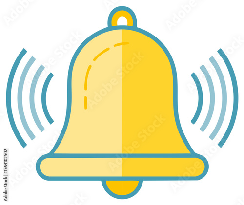 Ringing golden bell illustration with sound waves, vibrant yellow and blue, communication