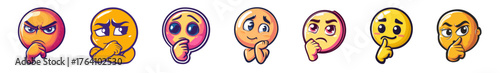 collection of seven expressive flat emoji icons displaying various negative or contemplative emotions like anger, confusion, and deep thought. Suitable for social media, digital communication, and tec