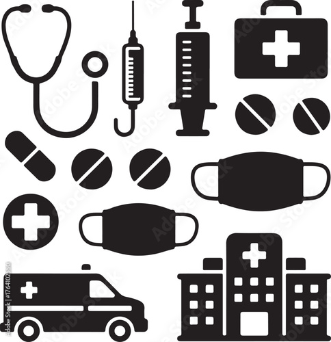 Collection of medical icons bundle including stethoscope ambulance hospital 