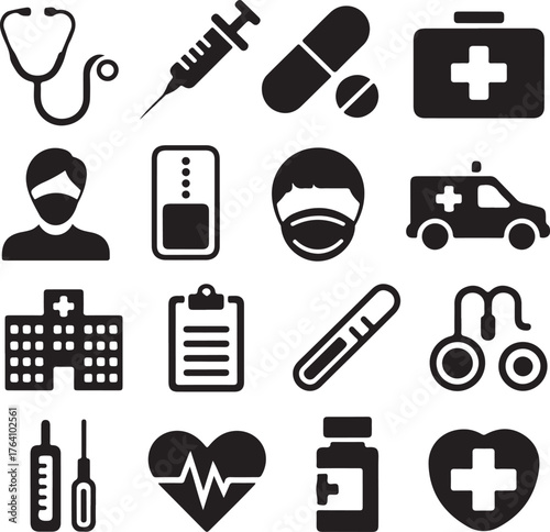 Collection of medical icons bundle including stethoscope ambulance hospital 