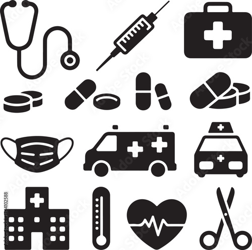 Collection of medical icons bundle including stethoscope ambulance hospital 