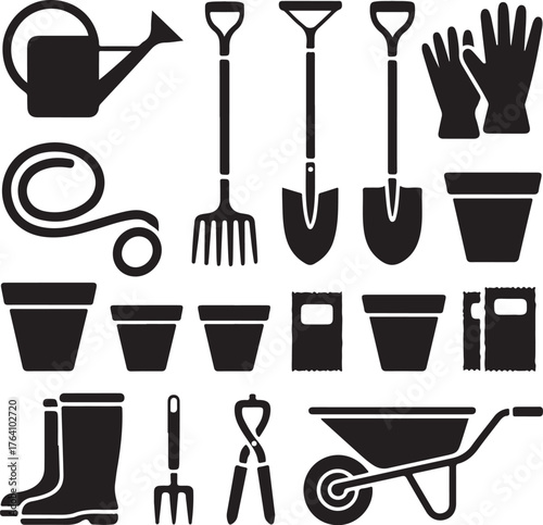 Gardening Tools Silhouette Vector Icons Bundle