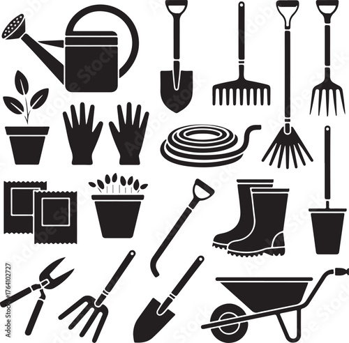 Gardening Tools Silhouette Vector Icons Bundle