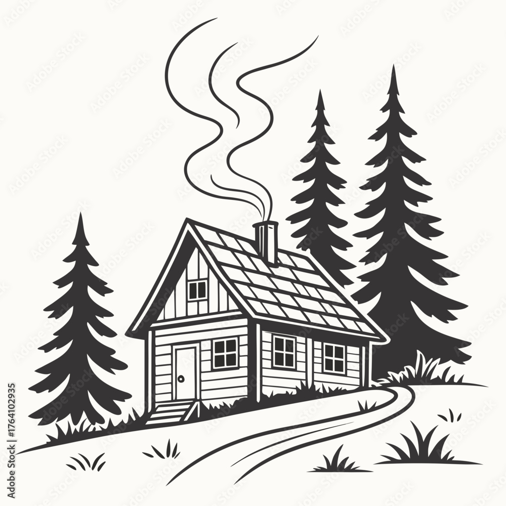 Obraz premium Illustration of a cabin in the woods with smoke