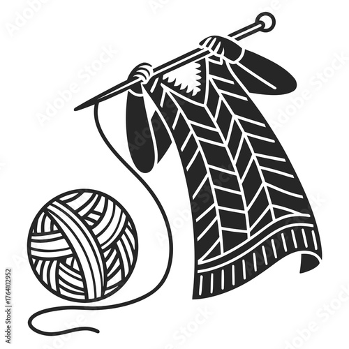 Illustration of a person knitting a scarf with a ball of yarn