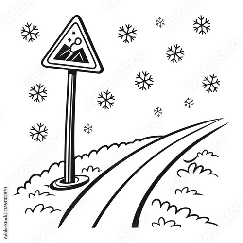 Illustration of an avalanche warning sign on a road