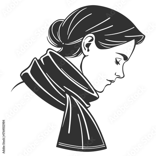 Pensive woman in scarf looking down