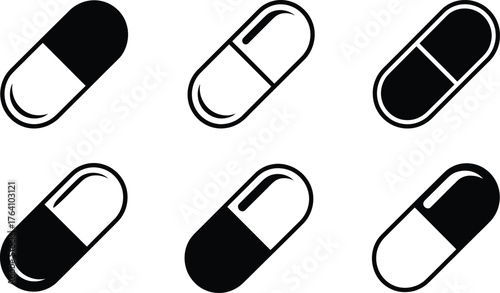 Six Black and White Pill Icons on White Background