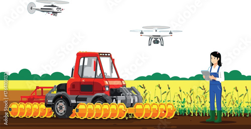 Modern farming with drones and technology ensures efficient harvesting and crop management with a happy farmer in the field