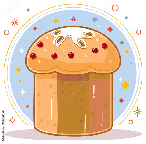 Festive cartoon illustration of a traditional Easter cake with sweet icing and berries