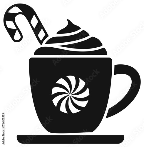 Festive Christmas hot chocolate mug with candy cane and whipped cream vector icon