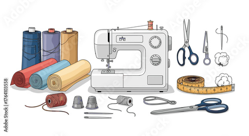 Sewing machine and tools for tailoring and crafting.