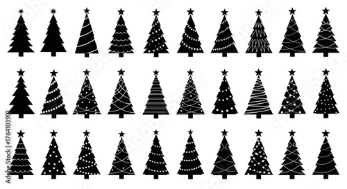 Vector art of assortment of black silhouette christmas tree icons with diverse decorative elements