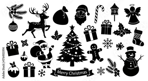 Vector art of assortment of black christmas and winter holiday icons and symbols, , including santa, reindeer, snowman, and gifts