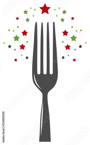 Stylized dark grey fork with red and green festive stars and dots showering illustration