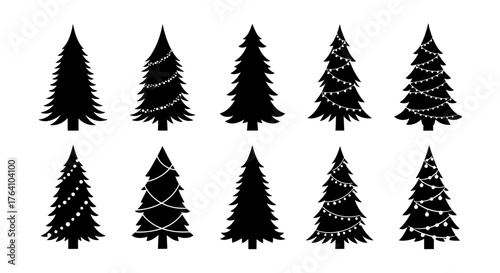 Vector art of assortment of black christmas tree silhouettes adorned with string lights, , perfect for holiday greetings