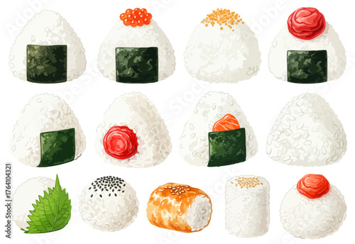 様々なおにぎり（おむすび）のイラストセット,梅,いくら,鮭,具材,和食,米