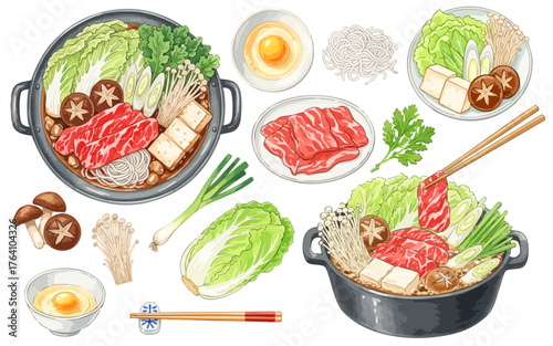 肉と野菜が入った鍋料理（すき焼き/しゃぶしゃぶ/寄せ鍋）のイラストセット,具材,和食,冬,団欒