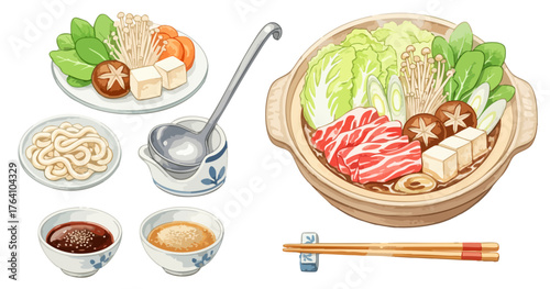 肉と野菜が入った鍋料理（寄せ鍋/水炊き）のイラストセット,うどん,具材,和食,冬,団欒