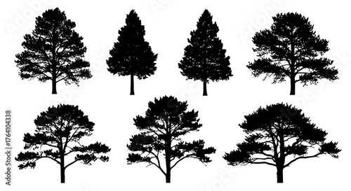 Vector art of set of diverse black silhouette trees, including pine and fir varieties