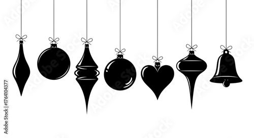 Vector art of collection of black silhouette christmas ornaments hanging on strings with bows