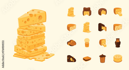 Various cheese types and shapes on a light background.