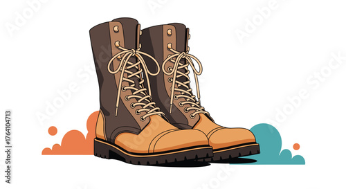 Pair of Brown Leather Boots with Laces and Sole.