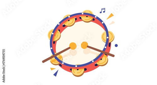 Colorful tambourine with drumsticks and musical notes illustration.