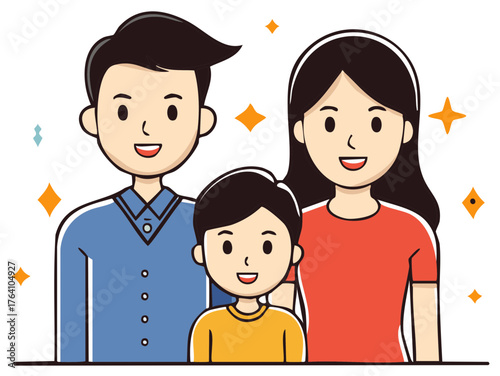 Cartoon Style Family Illustration with Smiling Man Woman and Child Togetherness