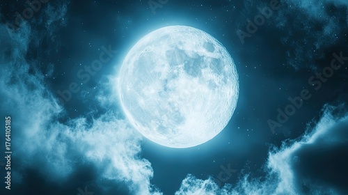 Fototapeta Naklejka Na Ścianę i Meble -  A full moon shining in the night sky with clouds and stars.
