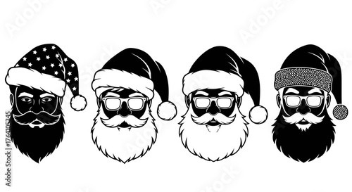 Vector art of set of four stylized black and white santa claus heads with beards and modern glasses
