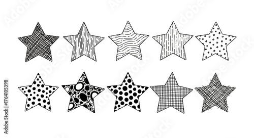 Vector art of collection of ten handdrawn stars with different patterns and textures