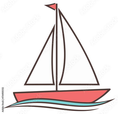 Simple sailboat vector icon with red hull and white sails on blue waves