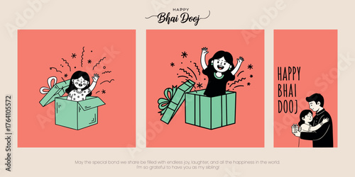 Happy Bhai Dooj concept. An excited sister pops out of a gift box in a cheerful, stylized illustration, symbolizing the joy of sibling gifting and festival.