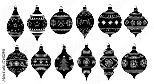 Vector art of collection of black and white christmas ornaments with various patterns and shapes