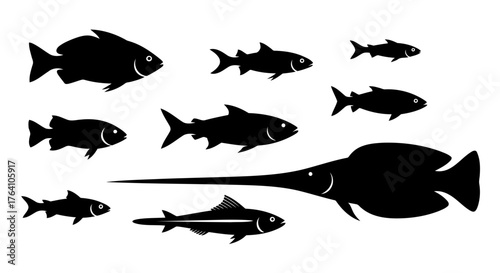Vector art of collection of black fish silhouettes