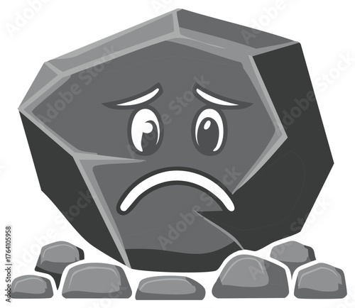 Sad Cartoon Rock Character Surrounded by Smaller Stones Emotion Illustration