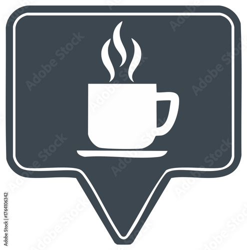 Steaming coffee cup graphic indicator icon, location pointer symbol, coffee shop marker