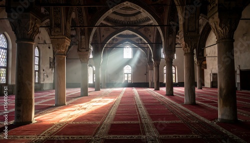 Interior view of a historical building with red carpets and sunlit beams