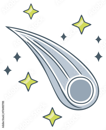Stylized illustration of a comet streaking through space with stars