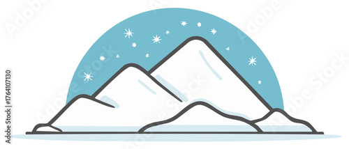 Winter mountain landscape illustration with snow and light blue arc shape