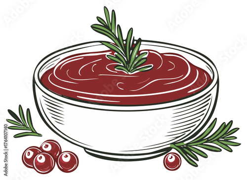 Bowl of cranberry sauce with rosemary garnish and fresh cranberries illustration