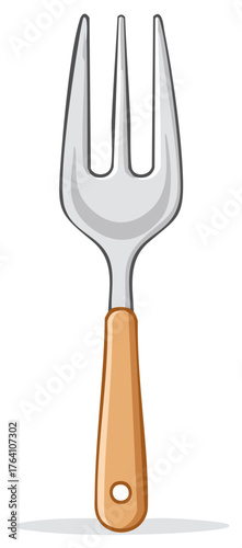 Cartoon style carving fork with three silver prongs and a wooden handle kitchen utensil