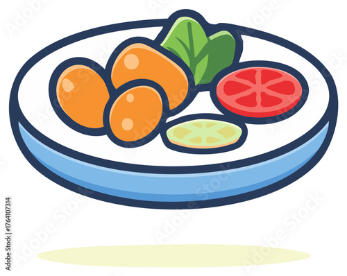 Healthy Plate with Orange Food, Spinach, Cucumber, and Tomato Slices Illustration in Cartoon Style