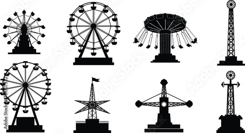 Amusement park ferris wheel and swing ride silhouettes, carnival attraction tower collection, fairground vector illustration, black graphic amusement ride design