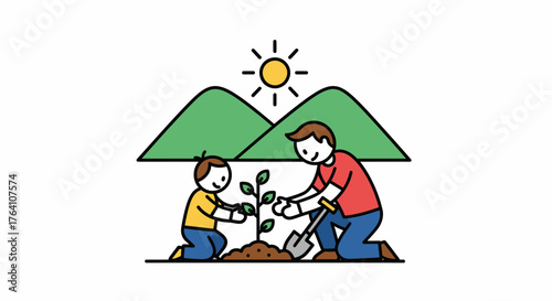 A father and son planting a small tree together in a minimalist cartoon illustration.