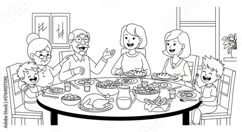 A happy family gathered around a dinner table enjoying a meal together.