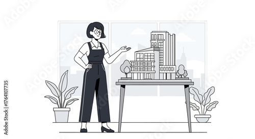 Architect Presenting Building Model Woman in overalls showcasing architectural design on a table.