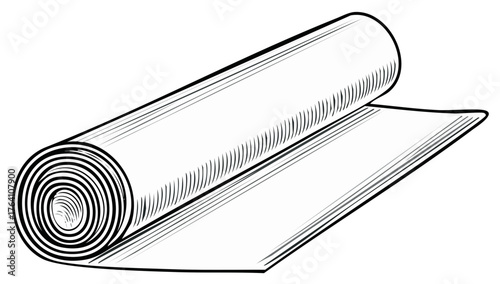 Rolled Material Unfurling in a Black and White Vintage Line Art Style